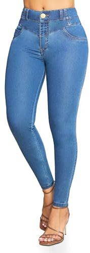 BULA, High Waist Butt Lift Skinny Jeans for Women with 2 Buttons - Stretchy Colombian Push-Up Denim Pants, Tummy Control, Slim Fit, Blue Jeans