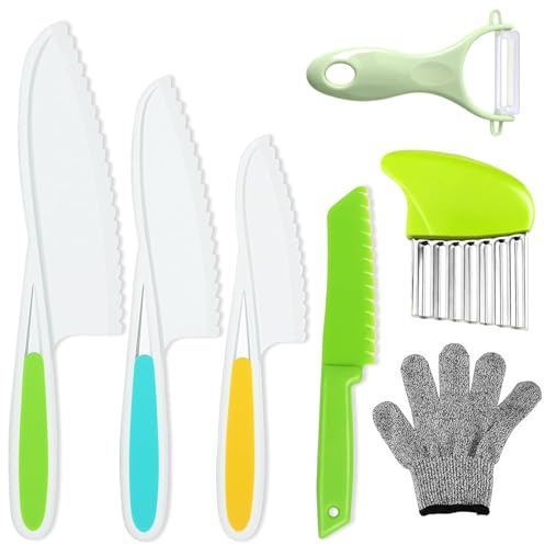 Noaxylic 7 Piezas Juego de Cuchillos Cocina para Niños, Cuchillo Niños, Cuchillo de Seguridad de Plástico, con Guantes de Seguridad y Cuchillos de Onda, para Cortar y Cocinar Frutas o Verduras