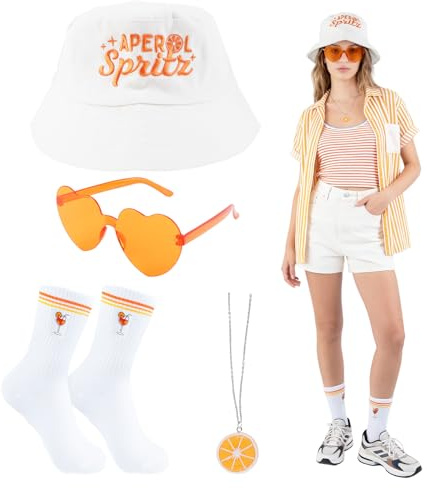 Kitimi Aperol Fischerhüte Kostüm Accessoires, Karneval Accessoires mit Herz Sonnenbrille Fischerhut Beinbedeckung Halskette, Aperol Spritz Anglerhut für Partys Themenveranstaltung Cosplay (Beige)