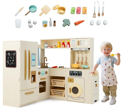 GOPLUS Kinderküche, Spielküche mit Licht und Sound, Eck-Küche mit Kühlschrank, Ofen, Herd, Mülleimer, Mikrowelle, Waschmaschine & 22 Zubehör, Kinderspielküche für Jungen & Mädchen ab 3 Jahren, Beige