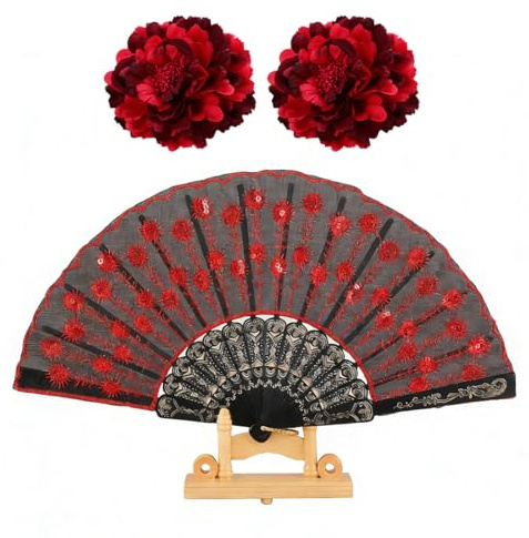 WUYJI Clips de pelo 2 pinzas para el pelo de peonía roja y 1 abanico, flores artificiales,aptas para cabello grueso y fino,estilo flamenco, pinzas grandes con forma de garra