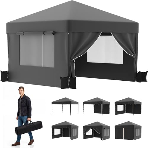 JUMMICO Pop Up Faltpavillon, 3 x 3 m Pavillon mit Netzfenstern zur Belüftung, UV-Schutz 50+, mit 4 Seitenwänden, wasserdicht stabil Winterfest，Faltbar Partyzelt Gartenzelt Gartenpavillon, Grau