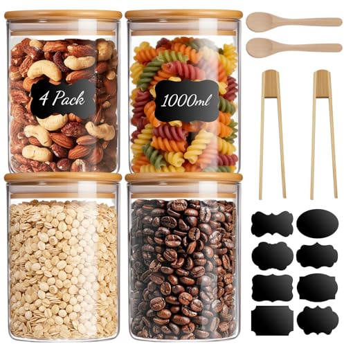 lafo 1 Litre Glass Jars with Bamboo Lids Set of 4, Airtight Glass Food Storage Jars, Clear Pantry Containers for Pasta Tea Coffee +2 Wooden Spoons+2 Bamboo Clips+8 Sticker Labels (1L (4-pack + acc.))