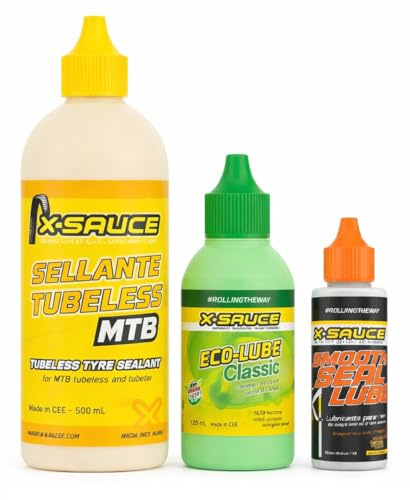 X-Sauce Pack MTB Mantenimiento Integral – Liquido Sellante Tubeless 500 ml + Lubricante de Cera 125 ml + Lubricante Suspensiones 30 ml – Kit Completo Cuidado Bicicleta de Montaña y E-Bike