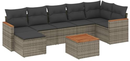 XHNIFBN Juego de sofás de jardín de ratán sintético de 8 piezas, con mesa de madera de acacia y tapicería, conjunto modular para exteriores, para terraza, balcón y jardín, color gris
