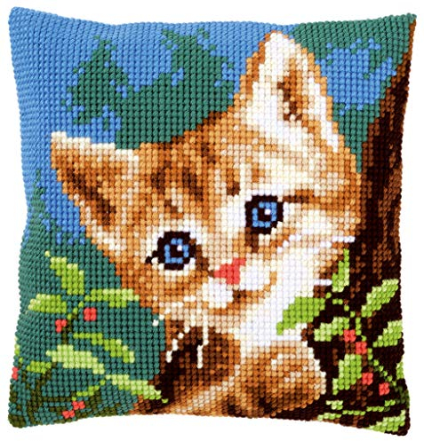 Vervaco Kreuzstich Stickpackungen Kissen Stickerei Set Anfänger Vorgedruckt Katze DIY Set Kreativ Set Für Erwachsene Dekoratives Kissen ca. 40 x 40 cm Bastelset Handwerker Haus Dekoration
