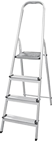 Amig - Escalera Plegable con 4 peldaños - Fabricado en Aluminio - Medida de Peldaños Pequeños: 28 cm x 8 cm - Medida de Peldaño Grande: 25 cm x 25 cm x 28 cm - Uso Doméstico - Carga Máxima: 150 kg