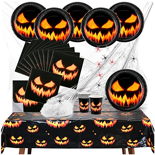 com-four® 26-teiliges Halloween Tischset, Deko-Set mit Spinnennetz, Spinnen | Bechern - Teller - Servietten und Tischtuch für Halloween und Mottoparty [Auswahl variiert]