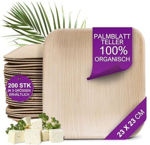 Waipur Bio Palmblatt Geschirr - 200 Stück eckig 23x23 cm - Premium Einweg Teller kompostierbar - Umweltfreundliches Partygeschirr - ähnl. Bambus Einwegteller