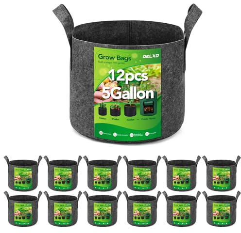 Delxo 12-Pack 5 Gallon Grow Bags Heavy Duty Aeration Fabric Pots Thickened Nonwoven Fabric Pots Plant Grow Bags Grey