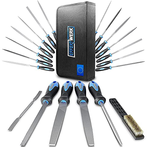 Effektwerk 21-teiliges Feilenset, bestehend aus 4 großen Feilen (rund, halbrund, dreieckig und flach), Drahtbürste, Raspel, Aufbewahrungstasche und 14 Nadelfeilen