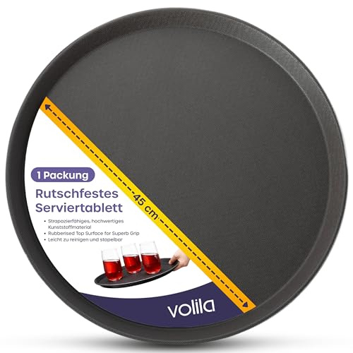 volila Schwarzes Rundtablett - 45cm (1er Pack) Gummiertes rutschfestes Serviertablett für Speisen und Getränke - Spülmaschinenfestes rundes Serviertablett für Partys, Zuhause, Bars & Restaurants