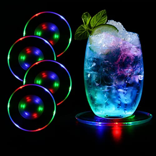 TINYOUTH Set of 4 Colour Changing LED Coasters for Drinks, ON/OFF Disposable Daily Waterproof Acrylic Light Up Coasters for Beer Cocktail Parties Weddings Bar Christmas Home Pub