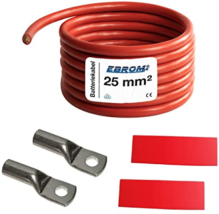 EBROM Batteriekabel „DIY SET PLUS Kabel ROT - 25 mm² von 30 cm bis 10 Meter, Ringösen Kabelschuhe M6/M8/M10/M12 kombinierbar, Ihre Auswahl: Vollkupfer Pluskabel 25 mm2, 30 cm Kabelschuh 2 x M8