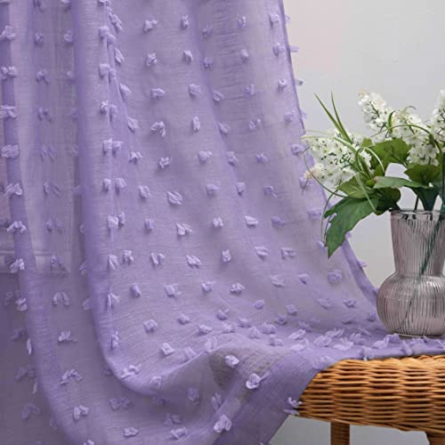 Koufall Durchscheinende Vorhänge, niedlich, für Mädchenzimmer, rückseitige Stangenschlaufen, Pompons, getuftete Textur, für Kinderzimmer, Babyzimmer, 2 Paneele, 160 cm lang, helles lavendelviolett