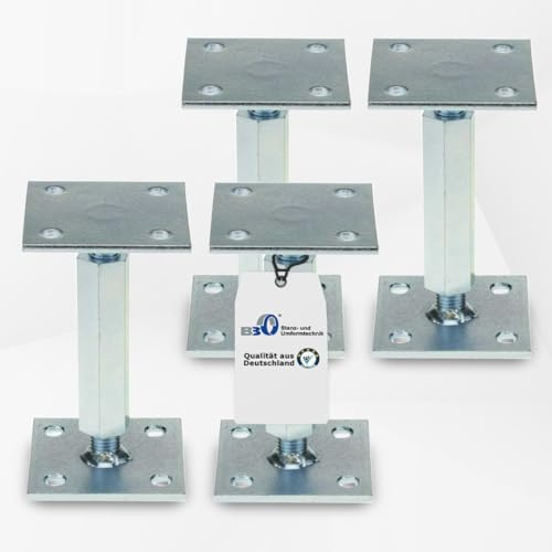 Pfostenträger höhenverstellbar (4 Stück) Boden/ Trägerplatte 100 x 100 x 5 mm Stützenfuß Stützfuß Bodenfuß Betonfuß mit Gewindemuffe verstellbar, Rechts-Linksgewinde
