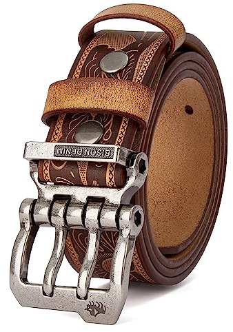 BISON DENIM Gürtel Herren Echt Leder Doppeldorn Ledergürtel Herren 38mm | Retro Cowboy Herrengürtel für Jeans Casual Arbeit, Jeansgürtel mit Alloy Schnalle, Geschenkbox