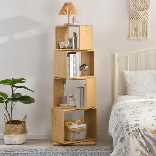 4-stöckiges modernes drehbares Bambus-Bücherregal, freistehendes Bücherregal, große Kapazität, kreativer offener Bücherschrank, 2-in-1-Nachttisch, Aufbewahrung, Organizer, Gitterregal für Zuhause,