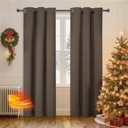 Ystyle Tende Oscuranti 100% Per Interni 2 Pezzi, 140x160cm, Effetto Lino Termiche Isolanti Freddo E Caldo Anti-Rumore, Tende Natalizie Soggiorno Camera Letto Moderne Con Anelli, Caffè