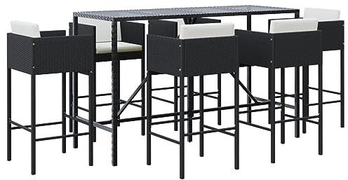 vidaXL Gartenbar Set 7-TLG., Gartenmöbel Bartisch 6 Barstühle, Stehtisch Barhocker für Garten Terrasse, Sitzgruppe Gartenset mit Kissen, Schwarz Poly Rattan