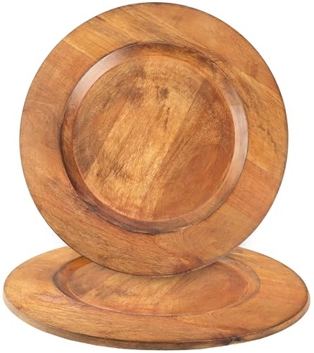 Alpha Living Home Juego de 2 platos de madera para servir, redondos, cargadores rústicos para decoración del hogar, aperitivos y comedores, plato de madera dura, hecho a mano, versátil, duradero, 13