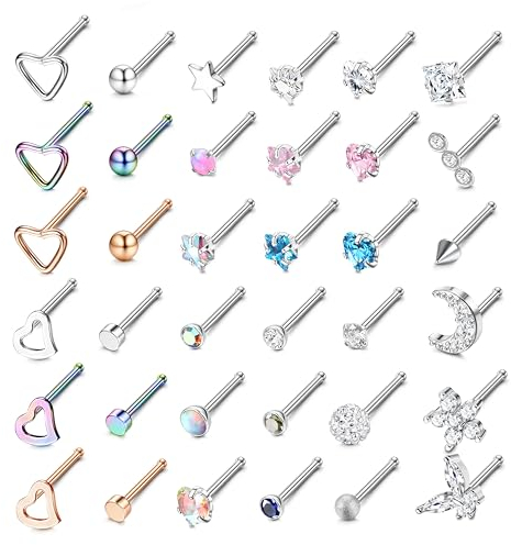 LOLIAS 36 Stück 20G Nasenpiercing Stecker 316L Chirurgenstahl Nasenstecker Silber Herz Stern Mond Nostril Piercing Damen Screw/Straight/L-Form Nasenpiercing Ring Nasen Nase Stud Nose Piercing Schmuck