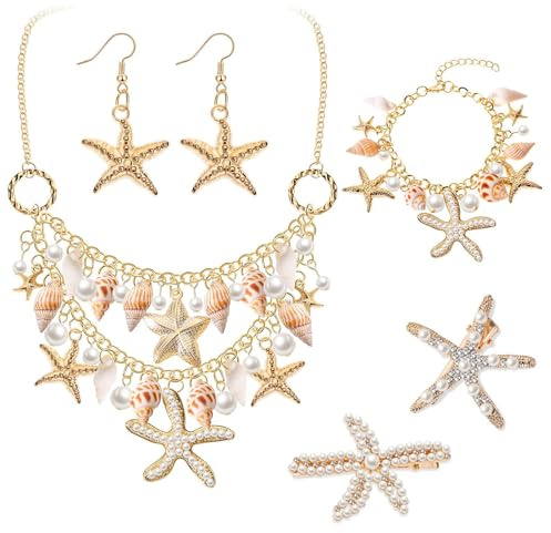 Sunwuun Meerjungfrau Kostüm Damen,Meerjungfrau Accessoires Damen,Seestern Muschelkette Armband Ohrringe Haarspange,Chunky Jewelry Dame,Muschel Schmuck Haarschmuck,Seascape Fotografie Zubehör