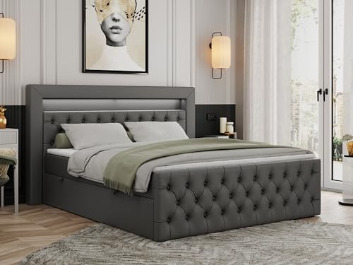 MKS MEBLE Boxspringbett 200x200 mit Led Grau Kunstleder, Bett Polsterbett 200x200 mit LED Kopfteil, Multipocket Matratze H3, Doppelbett mit Bettkasten Stauraumbett - Gold-9 - Dunkelgrau Kunstleder