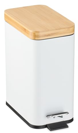 Relaxdays 5 L Pattumiera Bagno a Pedale, Cestino Cosmetici, Cesto Interno Rimovibile, Bidone in Ferro e bambù, Bianco