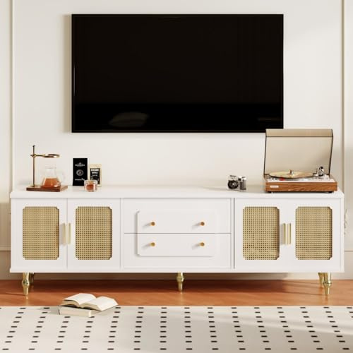 KOMHTOM Weiß/schwarzer Rattan TV Schrank Kommode, Sideboard mit Vier Türen und Zwei Schubladen geeignet für Wohnzimmer Schlafzimmer tv Board (Weiß)