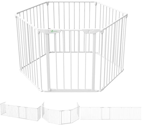 VOUNOT® Barrera de Seguridad Multifunción 6 Paneles, Rejilla de Protección de Metal para Chimenea Puertas Escaleras, Parque Recinto para Perros Corralito para Mascotas Valla Plegable, 74x375 cm Blanco