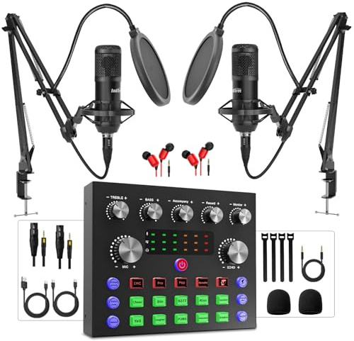 Podcast Equipment Bundle for 2, Audio Interface with Podcast Condenser Microphone, Voice Changer, DJ Mixer for Streaming, Podcast Recording, Gaming, TikTok, PC, Smartphone