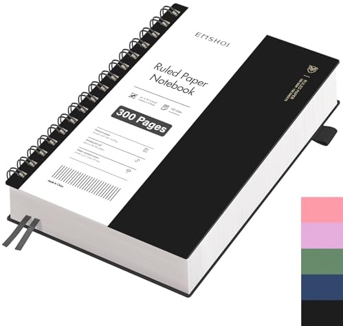 EMSHOI Notizbuch A5 Liniert, 100g/m² Papier, 300 Seiten - Schwarz | Collegeblock mit PVC Cover, 180° flach, Innentasche, Stiftschlaufe, Lesezeichenband, für Büro & Schule, 14.5 x 21cm