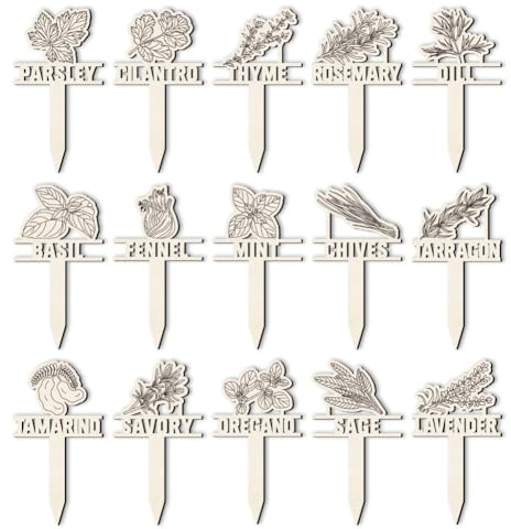 arricraft 15 Pcs Herb Plant Markers, 15 Styles Wooden Hollow Funny Signs Tags with Pattern Labels for Indoor Outdoor Greenhouse Potted Seed Herbs Patio Supplies 12x6.5cm(4.7x2.6inch)