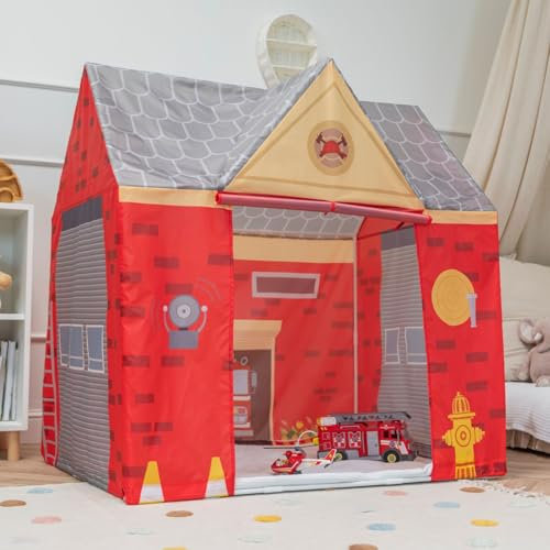 Selonis Spielhaus Spielzelt Feuerwehrhaus Keine Bälle Faltbares Für Kinder Realistisches Design Langlebige Und Sichere Leicht Zu Montieren Drinnen Und Draußen, Rot-Grau