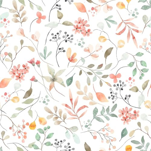 VaryPaper Self Adhesive Floral Wallpaper Leaf Contact Paper 44.5cmx200cm White Sticky Back Plastic Vinyl Wrap for Furniture Flower Patterned Wallpaper for Bedroom Living Room Cupboard Shelf Liner