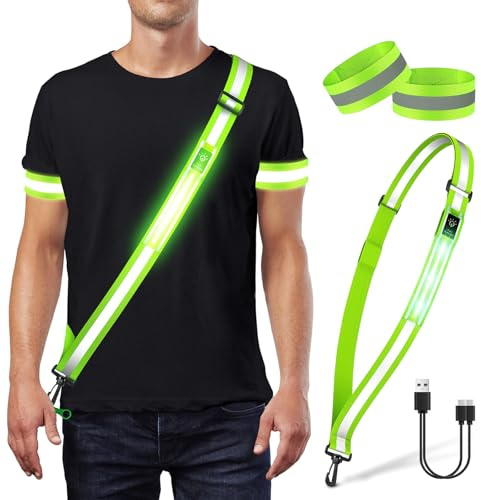 FainFun Lauflicht Joggen mit Reflektoren Gürtel, LED Warnweste Fahrrad Reflektorweste, USB Aufladbar Verstellbarer Lauflicht, Reflektierende Gürtelschärpe für Joggen/Laufen Running/Fahrradfahren/Hund