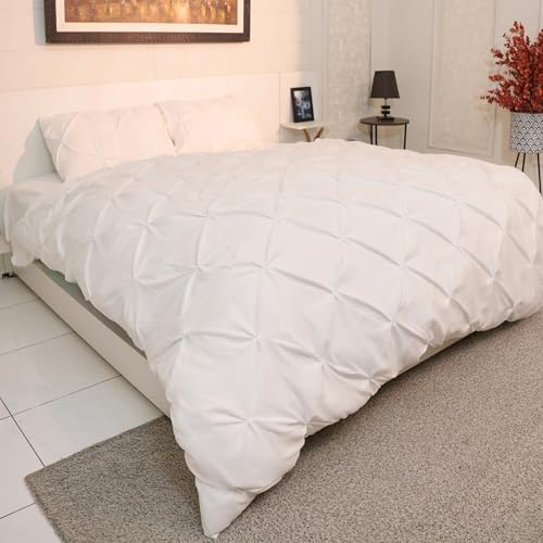 AHS - King White Pintuck Duvet Cover Sheet - Comfy Bedding Set With Pillow Cases - Soft Durable Brushed Microfiber Quilt Cover - Breathable & Washable Duvet Bedding Set