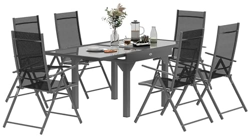 Outsunny Juego de Mesa y Sillas de Jardín Extensible de 7 Piezas, Juego de Comedor con Mesa de Cristal, 6 Sillas de Exterior Plegables con Reposabrazos, Juego de Muebles de Acero y Textileno, Gris