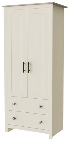 Nera 2 Door Wardrobe with Drawers and Hanging Rail Oak Coloured Top Slim Wardrobes for Small Bedrooms Storage (Cream on Oak)