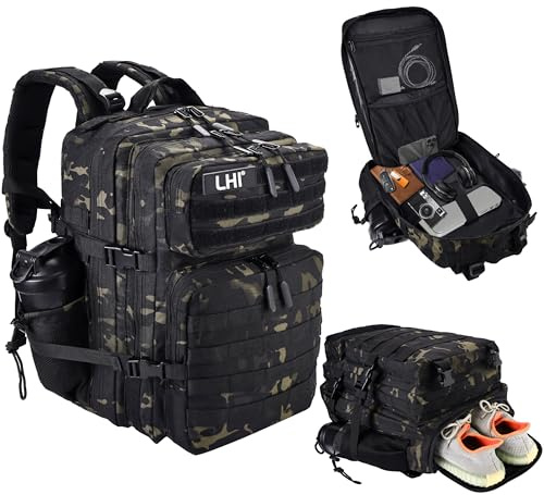 LHI Zaino tattico stile militare, 45 l, con sistema MOLLE, impermeabile per escursioni, sopravvivenza, campeggio e attività all'aperto, Scomparto per scarpe (nero CP), M