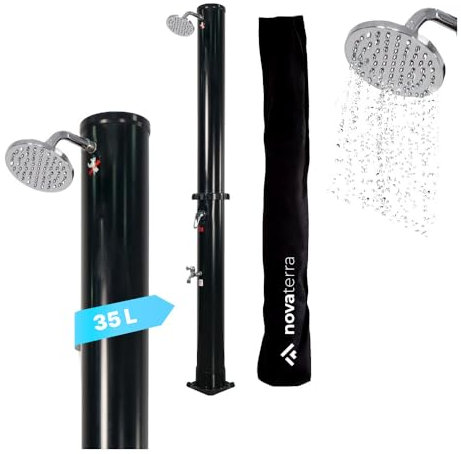 NovaTerra - Doccia solare nera con serbatoio da 35 l, doccia da giardino e da campeggio con soffione a pioggia, doccia a piedi, copertura protettiva e vassoio – Sistema doccia per giardino e campeggio