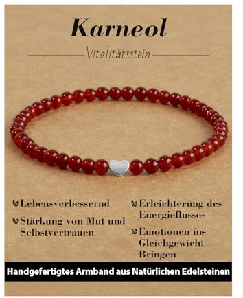 Landorilo Bracciale Donna, Pietra Naturale da 4 mm con Perline D'amore in Argento 925, Braccialetti Yoga di Cristallo, Regalo di Natale, Compleanno, Anniversario(Calcedonio rosso)