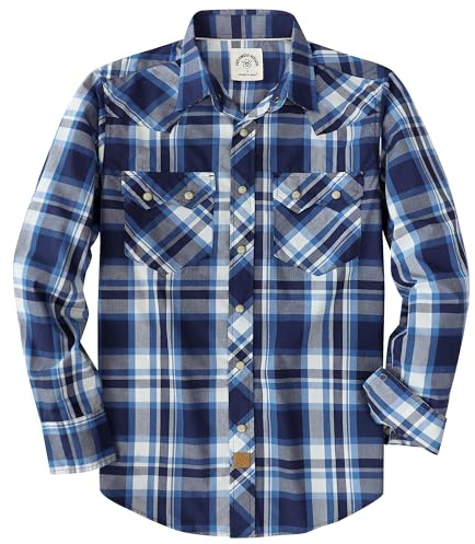 Dubinik Pärla snäpp-skjortor för män långärmad lätt ledig västerländsk pläd cowboy bomull vintage arbetsskjorta, Blå och vit, XL