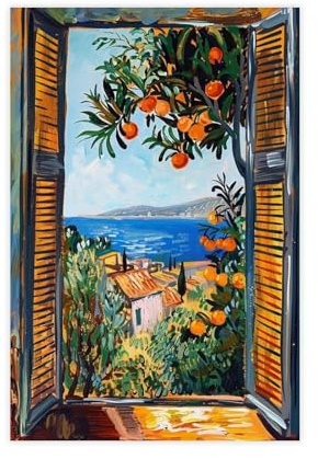 Open Window Orange Tree, Coastal View Canvas Poster Wall Art Decor Print Picture Paintings for Living Room Bedroom Decoration 12x18inch(30x45cm)