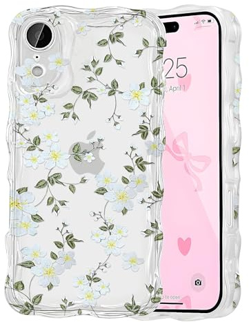 Draamvol for iPhone XR Phone Case, Clear Transparent Wave Frame Floral Pattern Soft Yellowing Resistant Shockproof TPU Camera Protective Bumper Phone Cover for iPhone XR Women Girls, White Flower