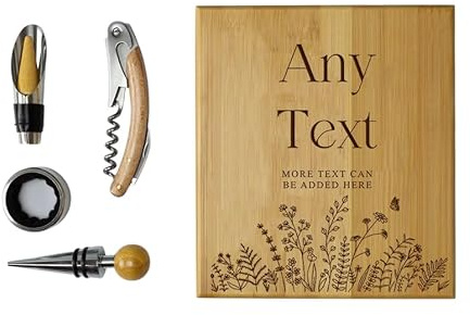 Personalised Wine Accessory Gift Set, 4 Piece Metal Set with Engraving and Wildflowers
