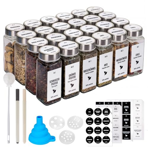 Boic 24 Pcs Pots À Épices En Verre, 120ml Bocaux À Épices Avec Couverture | Avec Tamis Boite À Épices Verre Avec Étiquettes, Entonnoir, Brosse Pour Rangement Épices Et Cuisine