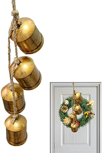 Campanas doradas, campana de vaca de 26 pulgadas de largo, campana rústica vintage para colgar en la pared, 4 campanas doradas de la suerte, Navidad portátil para decoración para colgar puertas