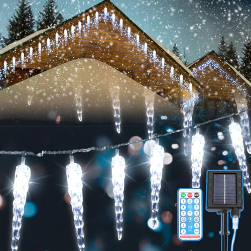 Jaxguom Solar Eiszapfen Lichterkette mit Fernbedienung, 10M, 80 LEDs, 8 Modi & Timer für Kaltweiße Außenbeleuchtung, Ideal für Weihnachtsdeko, Garten & Hochzeit